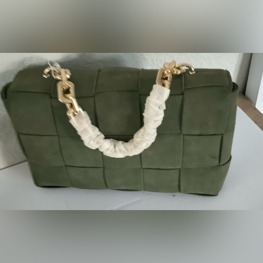 Faux suede green leather handbag with gold strap